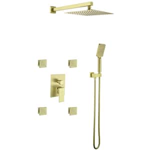 Single Handle 3-Spray Wall Mount Shower Faucet 4.4 GPM with Pressure Balance 10 in. Brass Shower System in Brushed Gold