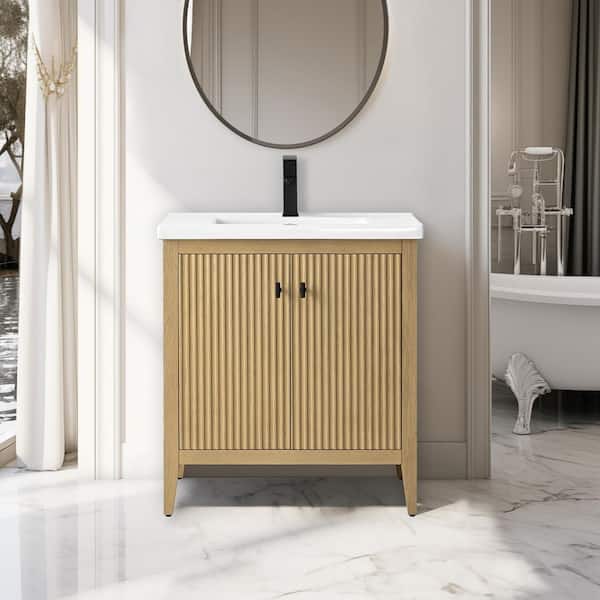 Vanity Art 30 in. W x 18.5 in D x 34 in. H Single Sink Bathroom Vanity Cabinet in Linear Natural Oak with Ceramic Top
