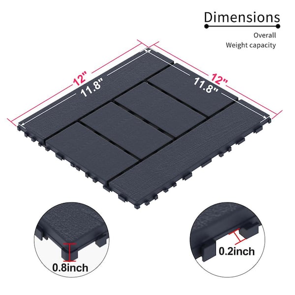 12 in. W x 12 in. L Outdoor H Shape Texture Plastic Interlocking Flooring Deck Tiles (Pack of 44 Tiles) in Gray