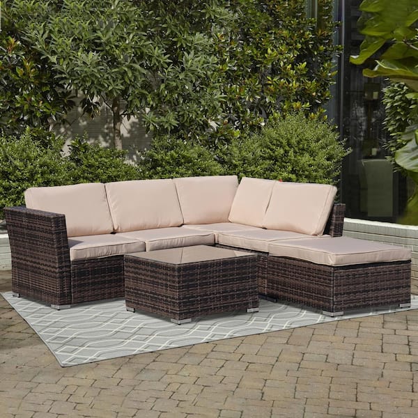 Maincraft Brown 4-Piece Wicker Outdoor Patio Sectional Set with Tempered Glass Table, Light Brown Cushions