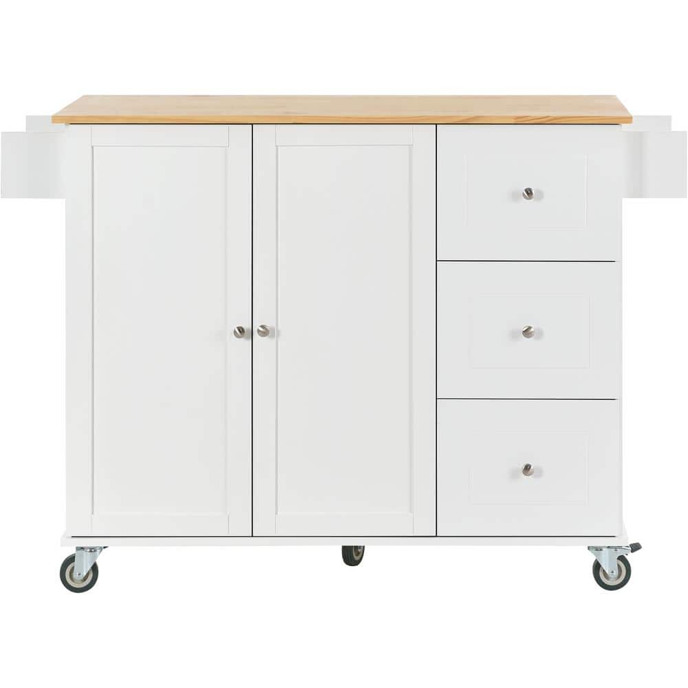 52.7 in. White Rolling Mobile Kitchen Island with Solid Wood Top and
