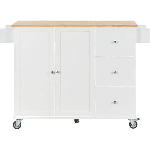 52.7 in. White Rolling Mobile Kitchen Island with Solid Wood Top and ...