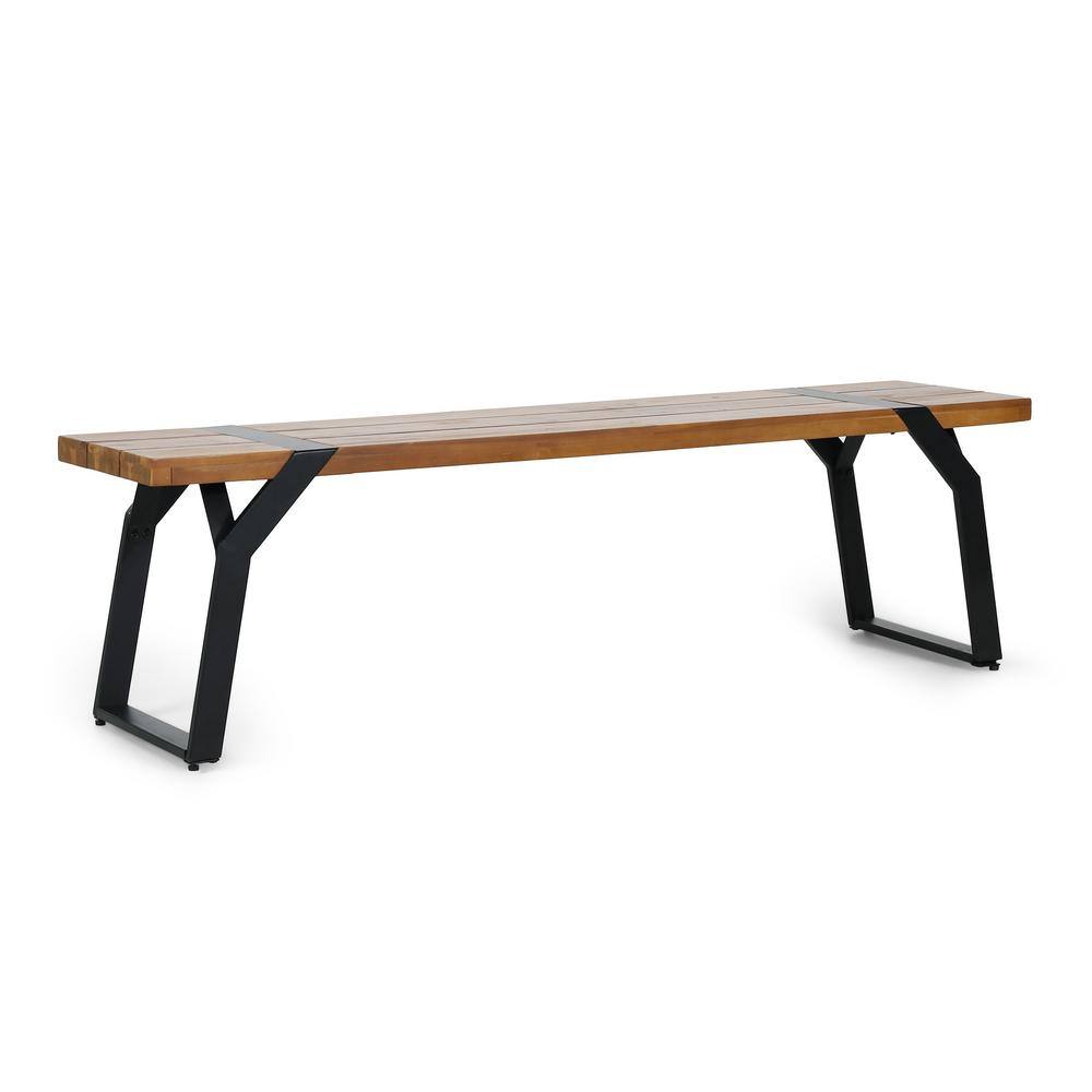 Sleek Black Metal and Teak Wood 63'' Outdoor Bench