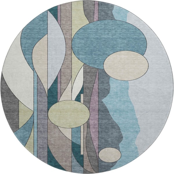 Mayfield Premium Machine Washable Abstract AMF2252 Teal 8 ft. x 8 ft. Round Rug