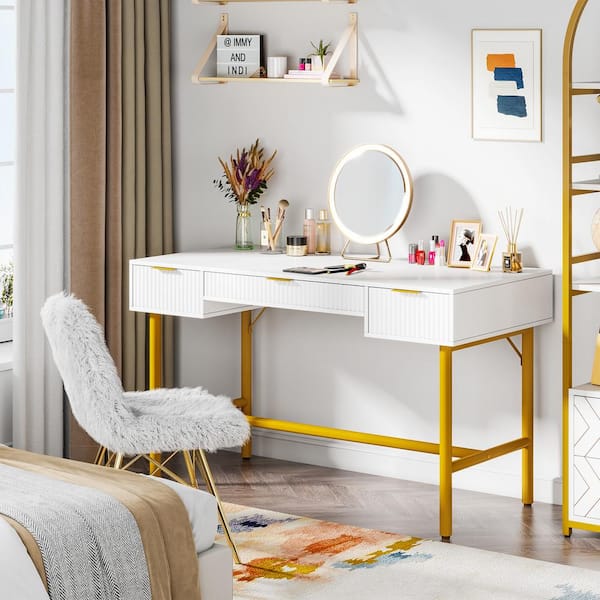  Tribesigns Small Computer Desk, 40 Inch White and Gold Writing  Desk with 2 Drawers, Modern Simple Study Desk Table for Bedroom, Makeup  Vanity Console Table for Small Spaces, White and Gold 