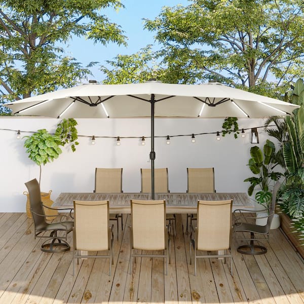 Unbranded 15 ft. Iron Market Patio Umbrella in Beige with Base and Solar LED Strip Lights