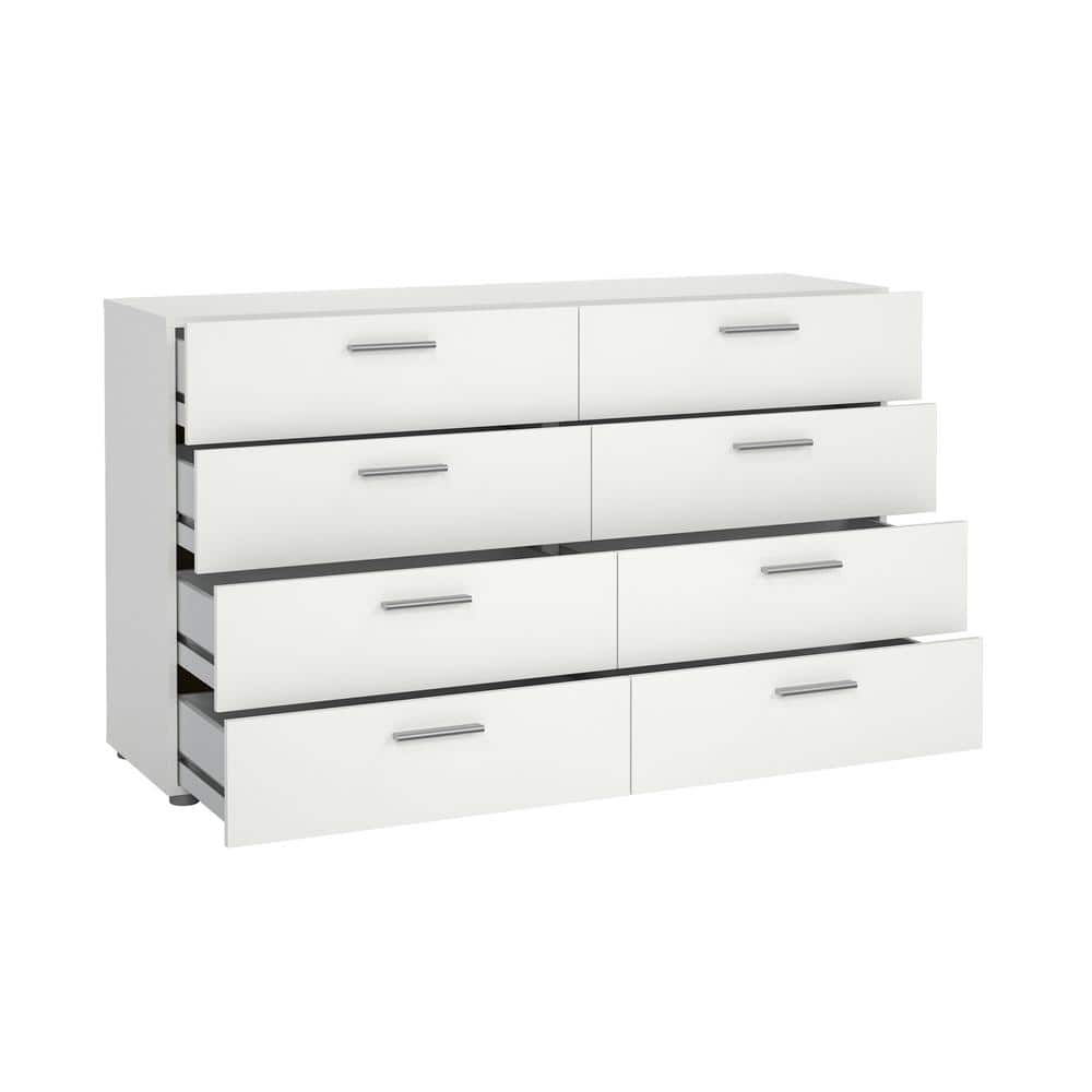 White MDF Double Dresser with 8 Horizontal Drawers