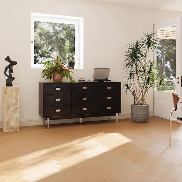 black dresser with silver handles 63" Modern Black Dresser with 9 Drawers, Metal Legs and Square Handles