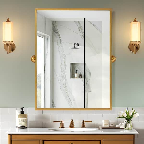 Lirago 24 in. W x 32 in. H Rectangular Metal Framed Pivoted Bathroom Wall Vanity Mirror in Gold