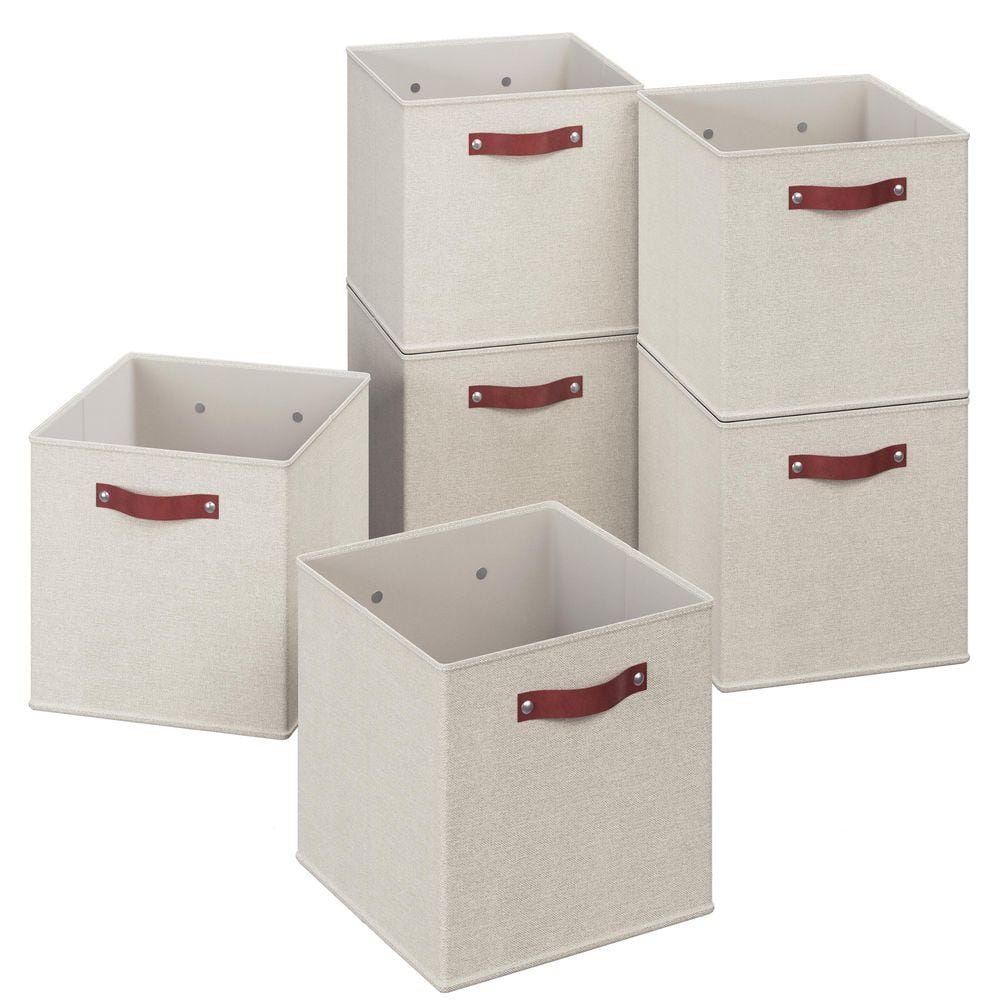 Snap-on STACKING CUBE BOX （Brown White） Ornavo Home Beige 13 in. x 13 in. x 13 in. Linen Fabric Decorative