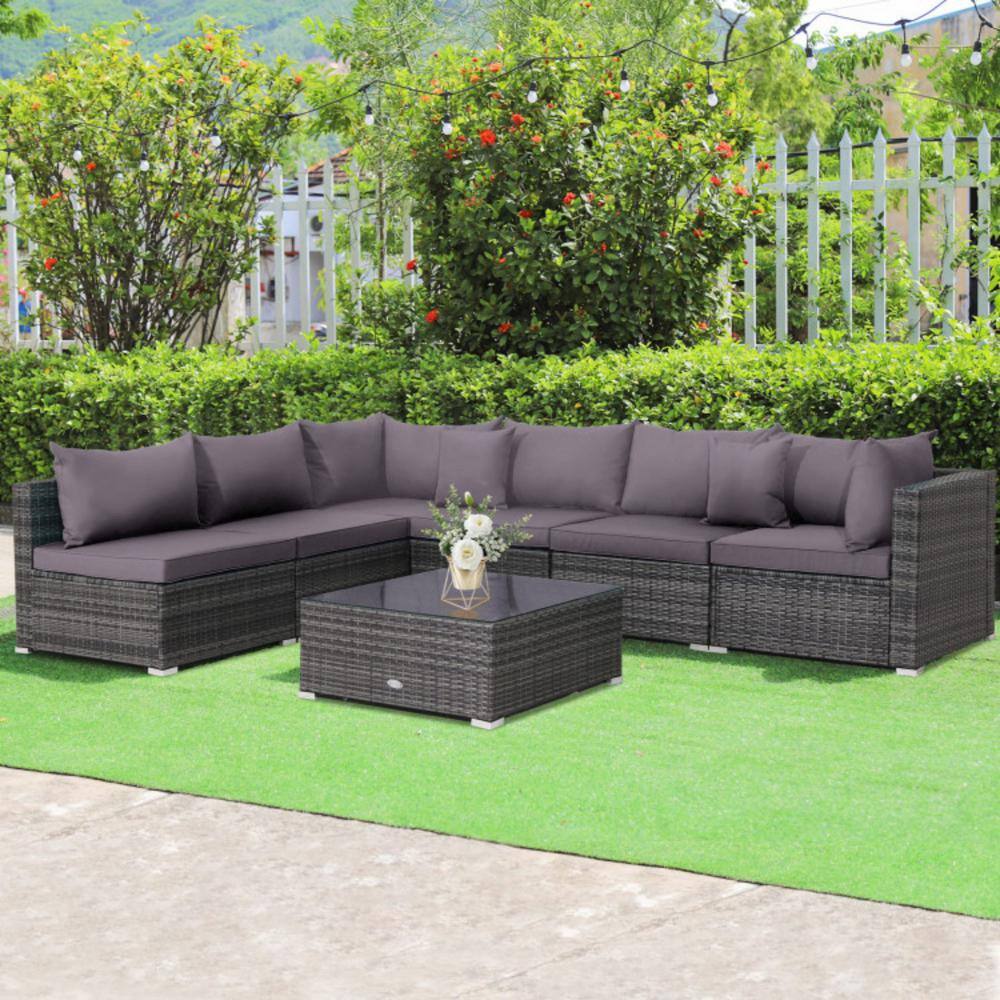 Gray 7-Piece PE Rattan Sectional Sofa Set with Cushions