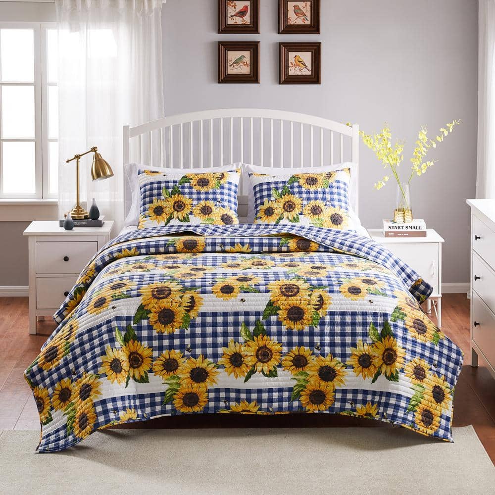 Blue and Yellow Sunflower Reversible King Microfiber Quilt Set