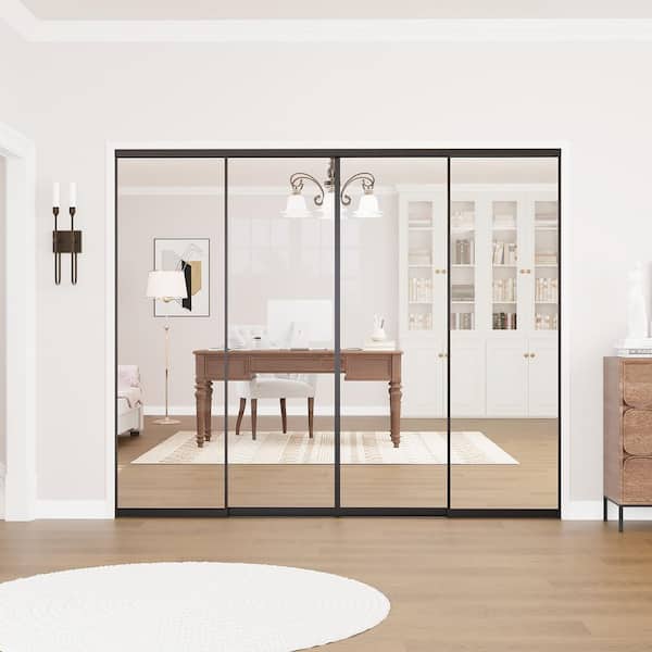 96 x 80 in. 1-Lite Black Clear Glass Aluminum Frame Finished Closet Sliding Door with Room Divider and Glass Partition