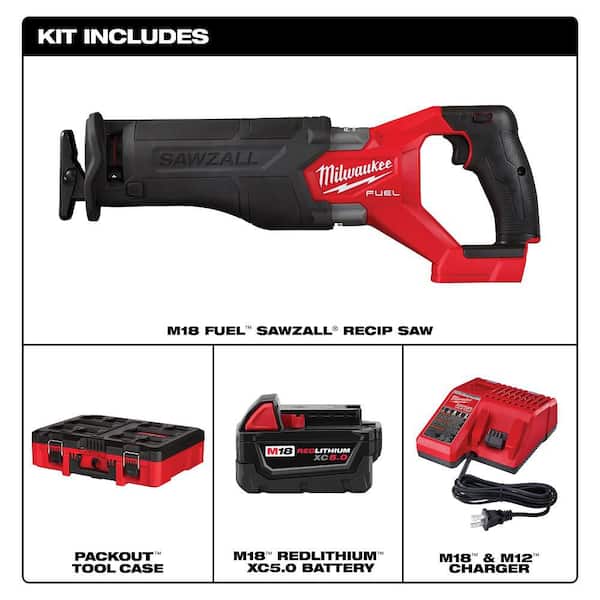 M18 FUEL18V Lithium-Ion Brushless Cordless SAWZALL Reciprocating Saw with PACKOUT Tool-Box, (1) 5.0 Battery, and Charger
