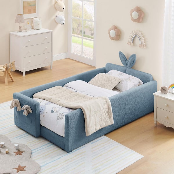 Ysmara Baby Blue Wood Frame Boucle Upholstered Twin Size Platform Bed with Cute Rabbit Ear Shaped Headboard, Guard Rail