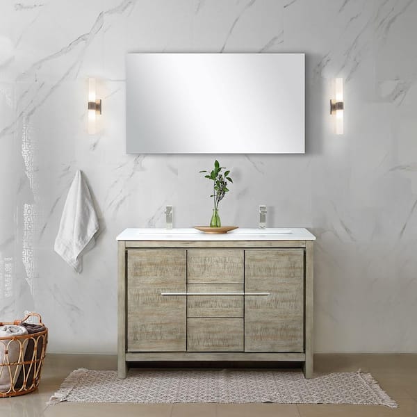 Lexora Lafarre 48 in W x 20 in D Rustic Acacia Double Bath Vanity, White Quartz Top, Brushed Nickel Faucet Set and 43 in Mirror