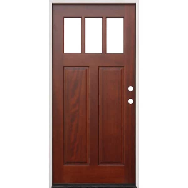 Pacific Entries 36 in. x 80 in. Pecan Left-Hand Inswing 3-Lite Clear Insulated Glass Mahogany Prehung Entry Door - FSC 100%