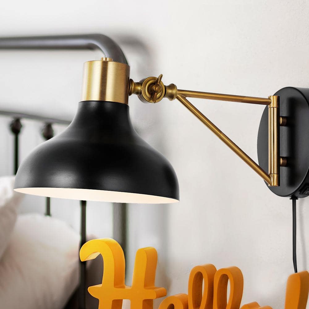 Lynn 15" Black and Brass Gold Iron Swing Arm Wall Sconce