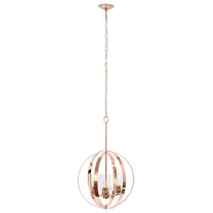 18 in. 3-Light Rose Gold Modern Orb Adjustable Metal and Clear Glass Hanging Ceiling Pendant Light