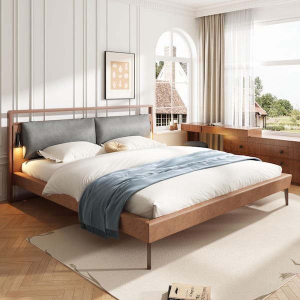 Urban Modern Brown and Grey PU Leather Upholstered Wood Frame King Size Platform Bed with Headboard, Lights