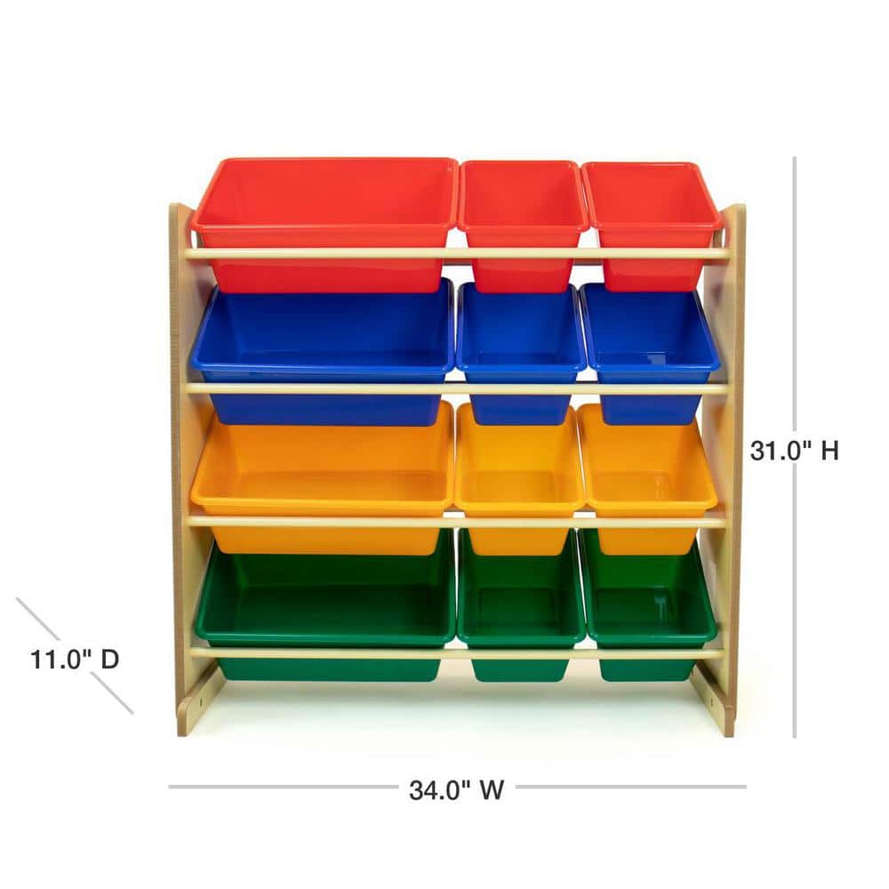 Natural Wood Kids Toy Storage Organizer with 12 Colorful Bins