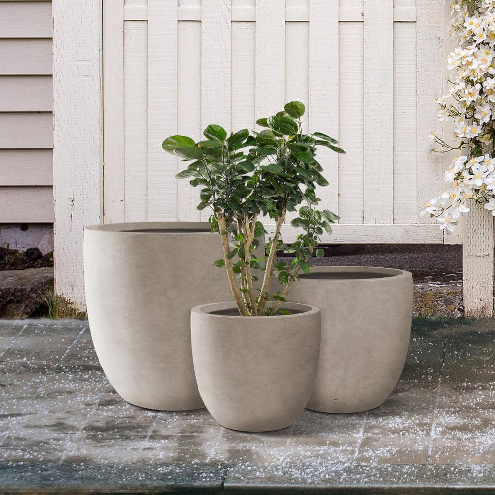 Weathered Gray Tall Round Concrete Planters Set of 3