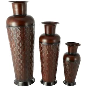 Dark Brown Tall Metal Decorative Vase with Geometric Designs (Set of 3)