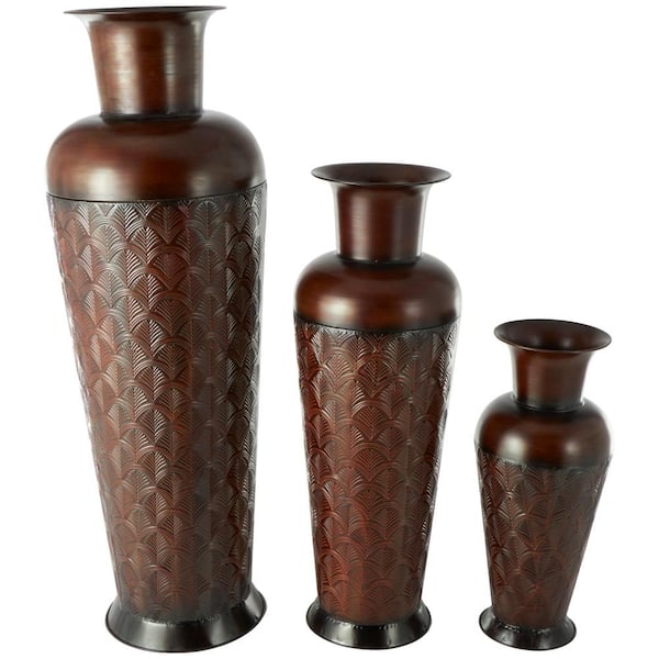 Litton Lane Dark Brown Tall Metal Decorative Vase with Geometric Designs (Set of 3)