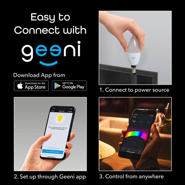 Geeni 40-Watt Equivalent Wi-Fi Smart B11 Edison Multicolor Tunable White LED Light Bulb(4-Pack)