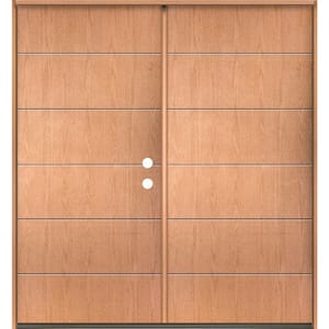 TETON Modern 72 in. x 80 in. Left-Active/Inswing 6-Grid Solid Panel Teak Stain Double Fiberglass Prehung Front Door