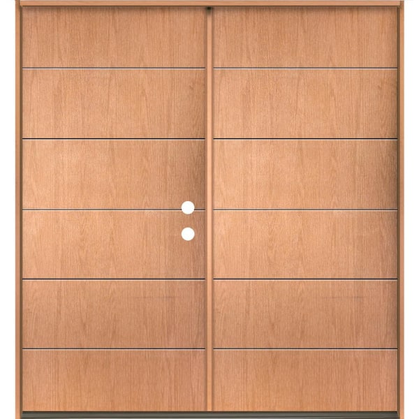 Krosswood Doors TETON Modern 72 in. x 80 in. Left-Active/Inswing 6-Grid Solid Panel Teak Stain Double Fiberglass Prehung Front Door