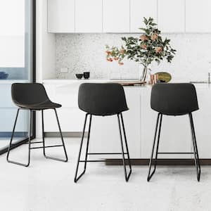 33.5 in. Black Faux Leather Bar Stools Metal Frame Counter Height Bar Stools(Set of 3)