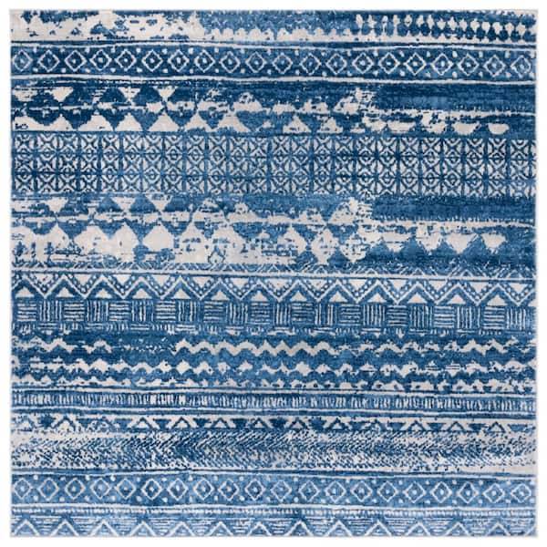 Brentwood 7 ft. x 7 ft. Blue/Ivory Distressed Striped Square Area Rug