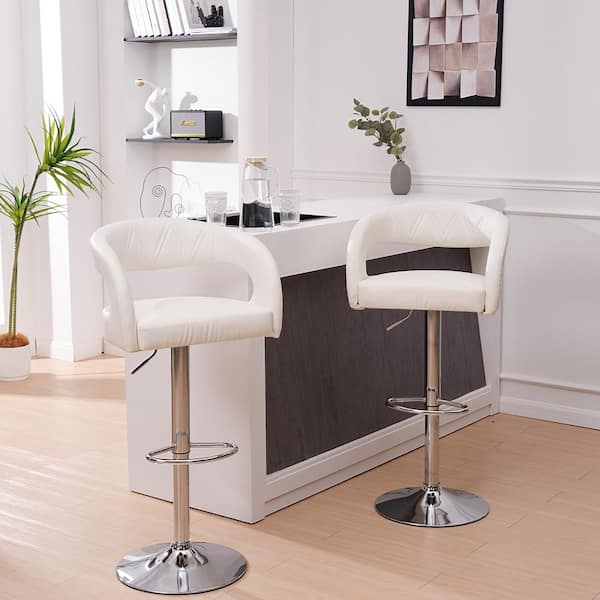 Bar Stools Adjustable Swivel Modern PU Leather Barstools, Counter Bar Stools with Back and Arms, White Set of 2
