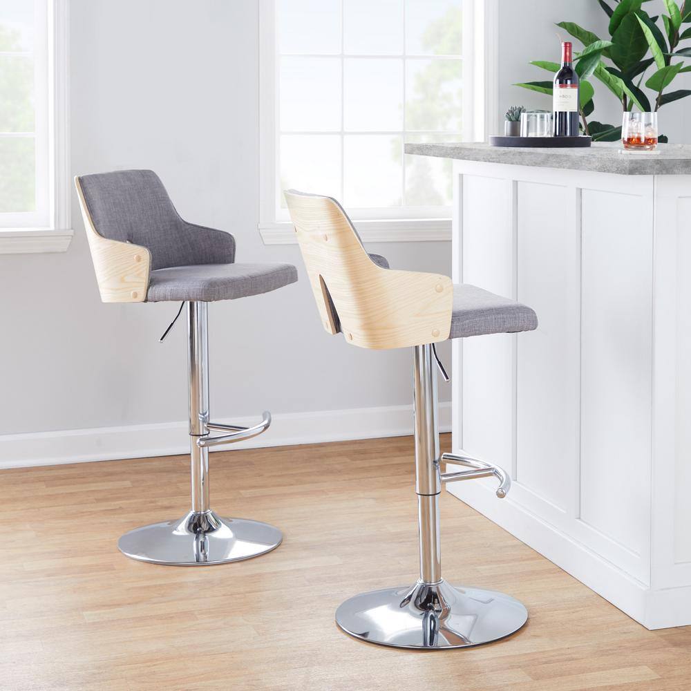 Stella Adjustable Swivel Barstools in Gray Fabric and Chrome, Set of 2