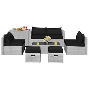 8-Piece Wicker Patio Conversation Set Furniture Set with Black Cushions and Space-Saving Design