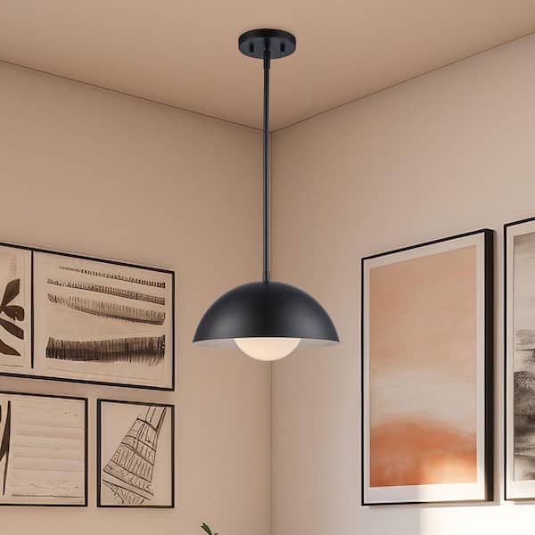 Maureen 12 in. 1-Light Black Pendant Light Fixture with Metal Dome and White Opal Glass Shade