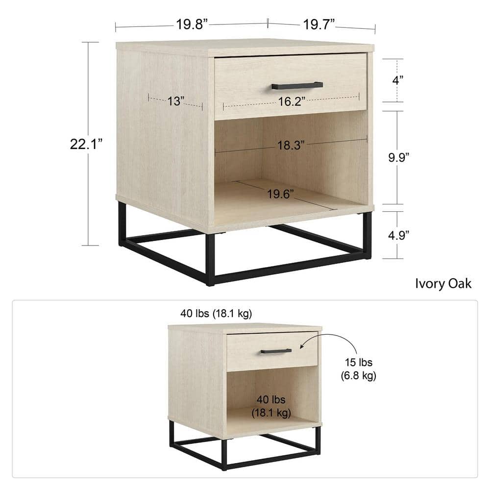 Ivory Oak Rustic Modern Nightstand with Drawer and Open Cubby