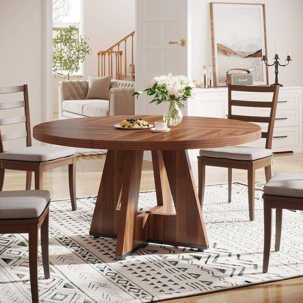 BYBLIGHT Roesler Farmhouse Walnut Wood 47 in. W Pedestal Dining Table Round Dining Table Without Chairs Kitchen Table Seats 4
