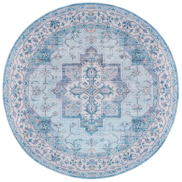Arizona 6 ft. x 6 ft. Light Blue/Ivory Machine Washable Faded Medallion Round Area Rug
