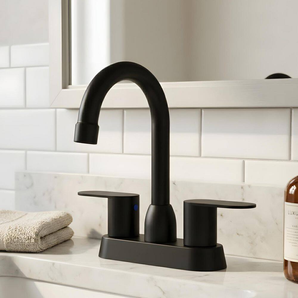 4 in. Centerset Double Handle Bathroom Sink Faucet with 360° High Arc Swivel Spout in Matte Black price history on PriceWatchPro