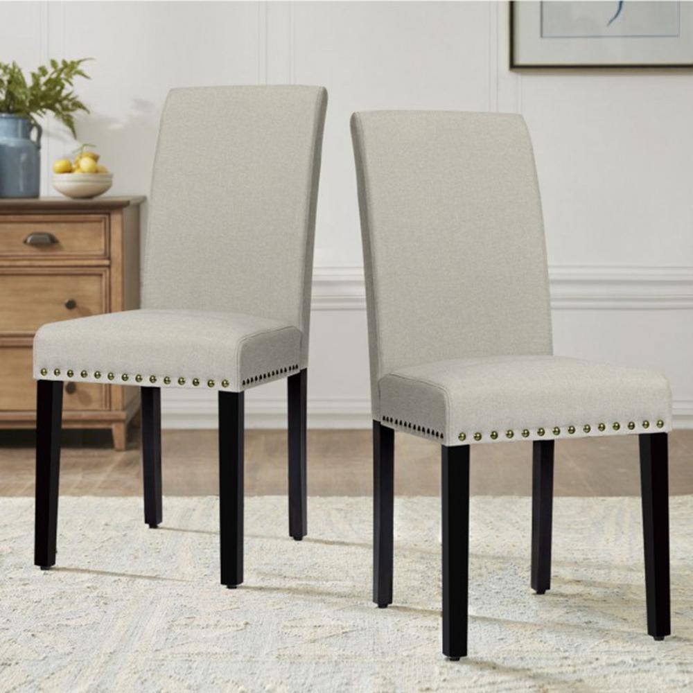 Light Sage Linen Upholstered Parsons Side Chair Set with Wood Legs
