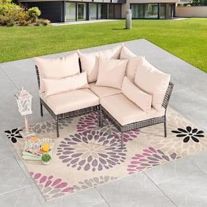 3-Piece Wicker Outdoor Corner Patio Sectional with Beige Cushions