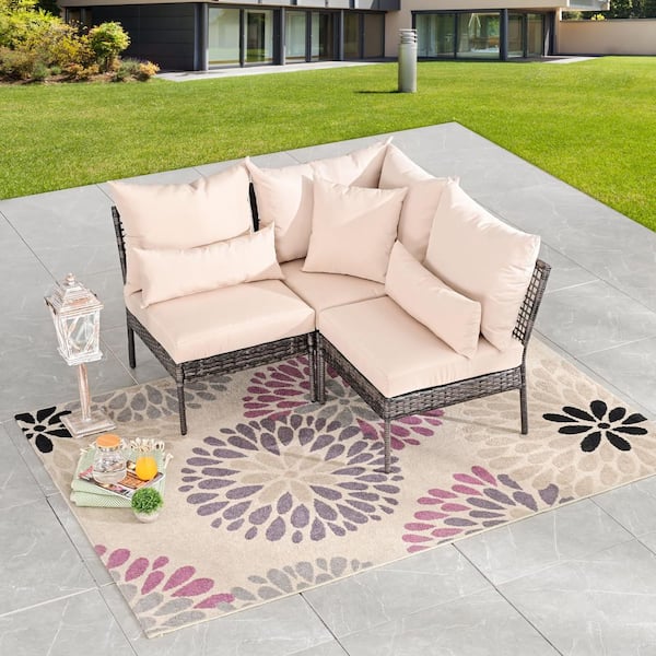 Patio Festival 3-Piece Wicker Outdoor Corner Patio Sectional with Beige Cushions