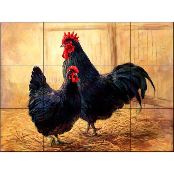 The Tile Mural Store Hen and Rooster 24 in. x 18 in. Ceramic Mural Wall Tile