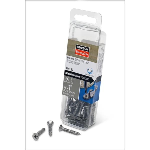 #8 x 1 in. #2 Phillips Drive, Flat Head, Type 316 Stainless Steel Marine Screw (20-Pack)