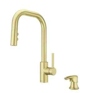 Zanna Single Handle Pull Down Sprayer Kitchen Faucet with Deckplate and Soap Dispenser in Brushed Gold