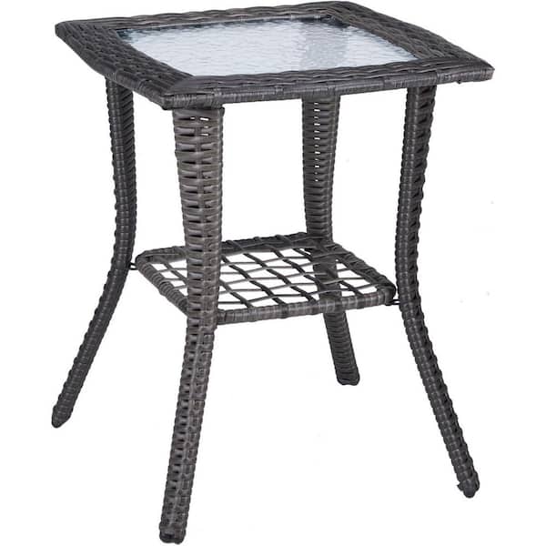FAWEY TRED INC Outdoor Side Table Grey Square with Storage Wicker Patio Side Table, Tempered Glass Top End Table