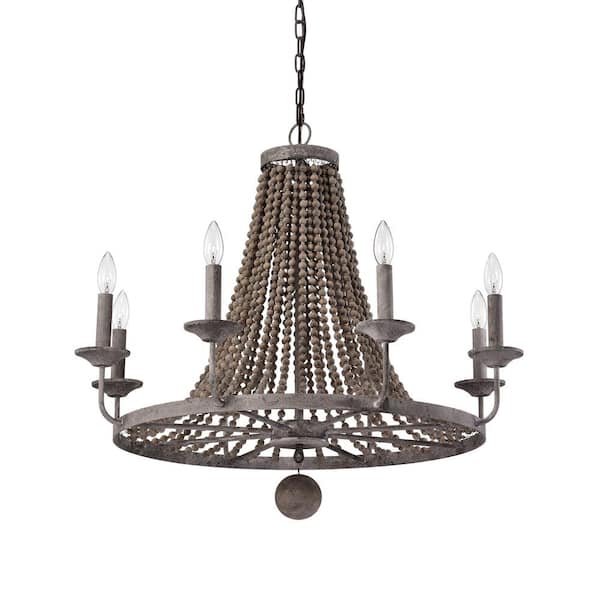 8-Light Slate Gray Wagon Wheel Chandelier with Wooden Beads
