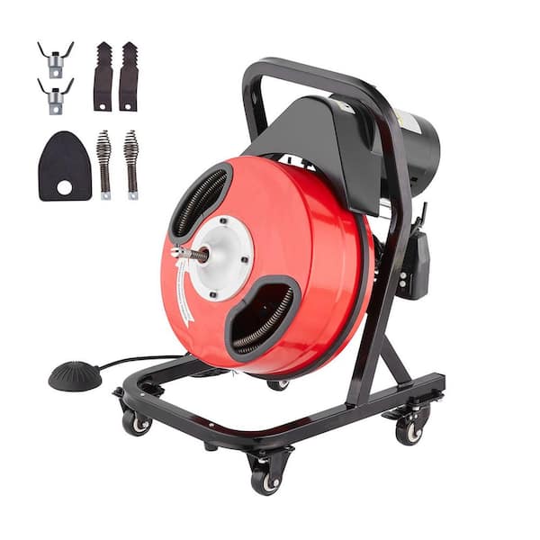SKYSHALO 50FT. x 1/2 in. Drain Cleaner Machine, Manual Feed, with Wheels, 4 Cutters, Foot Switch, for 2 in.-4 in. Pipes